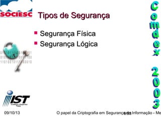 09/10/13 O papel da Criptografia em Segurança da Informação - Me9/93
Tipos de SegurançaTipos de Segurança
 Segurança FísicaSegurança Física
 Segurança LógicaSegurança Lógica
 