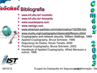 09/10/13 O papel da Criptografia em Segurança da Informação - Me91/93
BibliografiaBibliografia
 www.inf.ufsc.br/~custodiowww.inf.ufsc.br/~custodio
 wwwwww..infinf..ufscufsc.br/~brocardo.br/~brocardo
 wwwwww..counterpanecounterpane.com.com
 wwwwww..verisignverisign.com.com
 www.american-partisan.com/cols/mcelroy/102399.htmwww.american-partisan.com/cols/mcelroy/102399.htm
 www.murky.org/cryptography/classical/jefferson.shtmlwww.murky.org/cryptography/classical/jefferson.shtml
 Cryptography and network security, William Stallings, 1999Cryptography and network security, William Stallings, 1999
 Applied Cryptography, Bruce Schneier, 1996
 Segurança de Dados, Routo Terada, 2000
 Practical Cryptography, Bruce Schneier, 2003
 Handbook of Applied Cryptography, Alfred Menezes e
outros, 1998
 