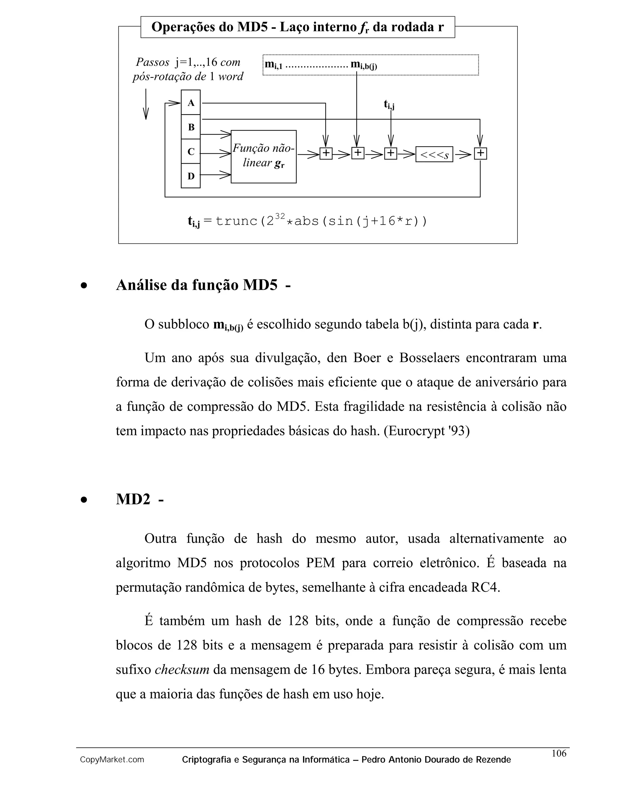 Operações do MD5 - Laço interno fr da rodada r

           Passos j=1,..,16 com          mi,1 ..................... mi,b(j)
           pós-rotação de 1 word

                        A                                                     ti,j
                        B

                        C         Função não-             +         +          +            +
                                                                                     <<<s
                                   linear gr
                        D



                        ti,j = trunc(232*abs(sin(j+16*r))



•      Análise da função MD5 -

                 O subbloco mi,b(j) é escolhido segundo tabela b(j), distinta para cada r.

                 Um ano após sua divulgação, den Boer e Bosselaers encontraram uma
       forma de derivação de colisões mais eficiente que o ataque de aniversário para
       a função de compressão do MD5. Esta fragilidade na resistência à colisão não
       tem impacto nas propriedades básicas do hash. (Eurocrypt '93)



•      MD2 -

                 Outra função de hash do mesmo autor, usada alternativamente ao
       algoritmo MD5 nos protocolos PEM para correio eletrônico. É baseada na
       permutação randômica de bytes, semelhante à cifra encadeada RC4.

                 É também um hash de 128 bits, onde a função de compressão recebe
       blocos de 128 bits e a mensagem é preparada para resistir à colisão com um
       sufixo checksum da mensagem de 16 bytes. Embora pareça segura, é mais lenta
       que a maioria das funções de hash em uso hoje.



                                                                                                    106
CopyMarket.com         Criptografia e Segurança na Informática – Pedro Antonio Dourado de Rezende
 