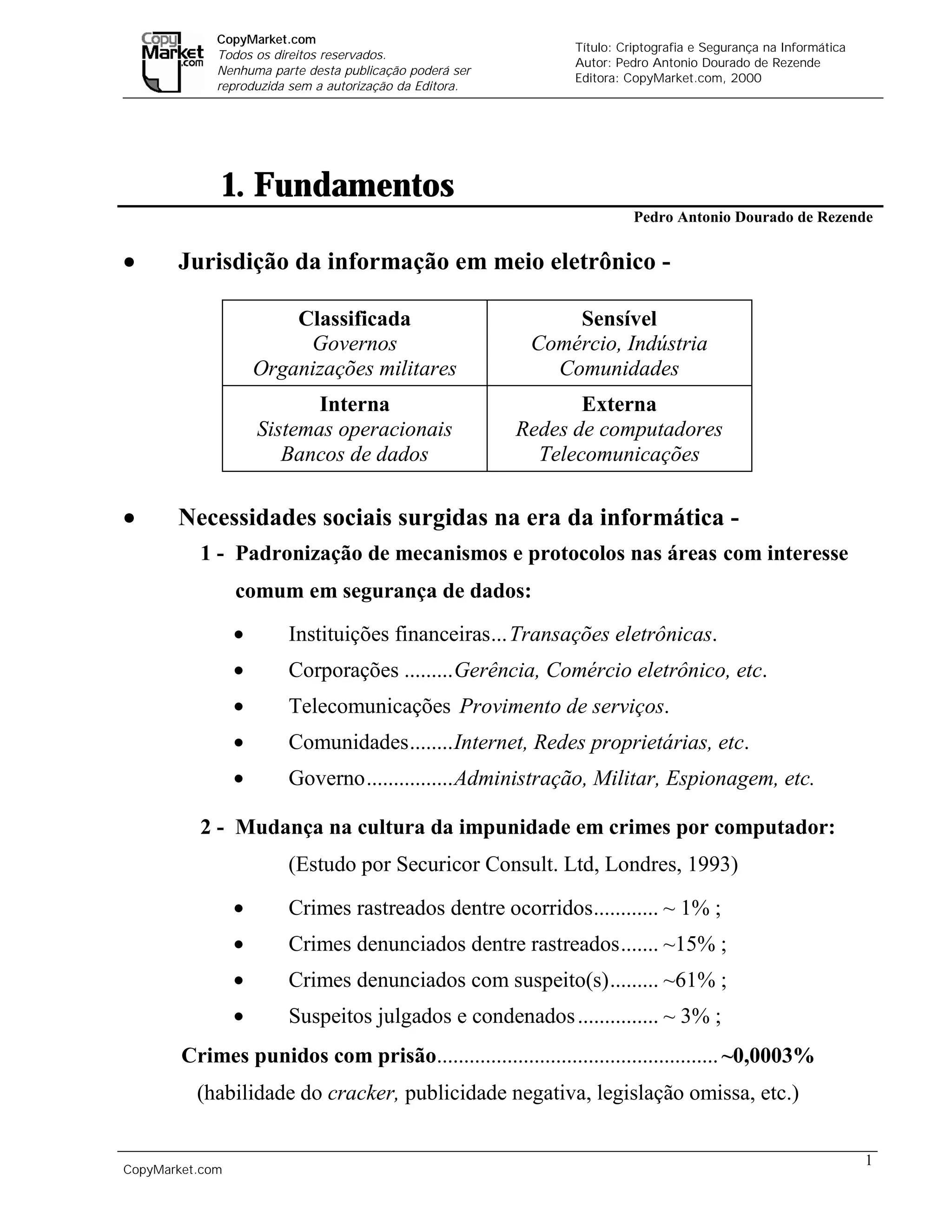CopyMarket.com
                                                                  Título: Criptografia e Segurança na Informática
             Todos os direitos reservados.
                                                                  Autor: Pedro Antonio Dourado de Rezende
             Nenhuma parte desta publicação poderá ser
                                                                  Editora: CopyMarket.com, 2000
             reproduzida sem a autorização da Editora.




                 1. Fundamentos
                                                                            Pedro Antonio Dourado de Rezende


•      Jurisdição da informação em meio eletrônico -

                         Classificada                          Sensível
                          Governos                         Comércio, Indústria
                     Organizações militares                  Comunidades
                            Interna                             Externa
                     Sistemas operacionais               Redes de computadores
                        Bancos de dados                    Telecomunicações

•      Necessidades sociais surgidas na era da informática -
          1 - Padronização de mecanismos e protocolos nas áreas com interesse
                 comum em segurança de dados:
                 •      Instituições financeiras...Transações eletrônicas.
                 •      Corporações .........Gerência, Comércio eletrônico, etc.
                 •      Telecomunicações Provimento de serviços.
                 •      Comunidades........Internet, Redes proprietárias, etc.
                 •      Governo................Administração, Militar, Espionagem, etc.

          2 - Mudança na cultura da impunidade em crimes por computador:
                        (Estudo por Securicor Consult. Ltd, Londres, 1993)

                 •      Crimes rastreados dentre ocorridos............ ~ 1% ;
                 •      Crimes denunciados dentre rastreados....... ~15% ;
                 •      Crimes denunciados com suspeito(s)......... ~61% ;
                 •      Suspeitos julgados e condenados ............... ~ 3% ;
        Crimes punidos com prisão.................................................... ~0,0003%
          (habilidade do cracker, publicidade negativa, legislação omissa, etc.)

                                                                                                                    1
CopyMarket.com         Criptografia e Segurança na Informática – Pedro Antonio Dourado de Rezende
 
