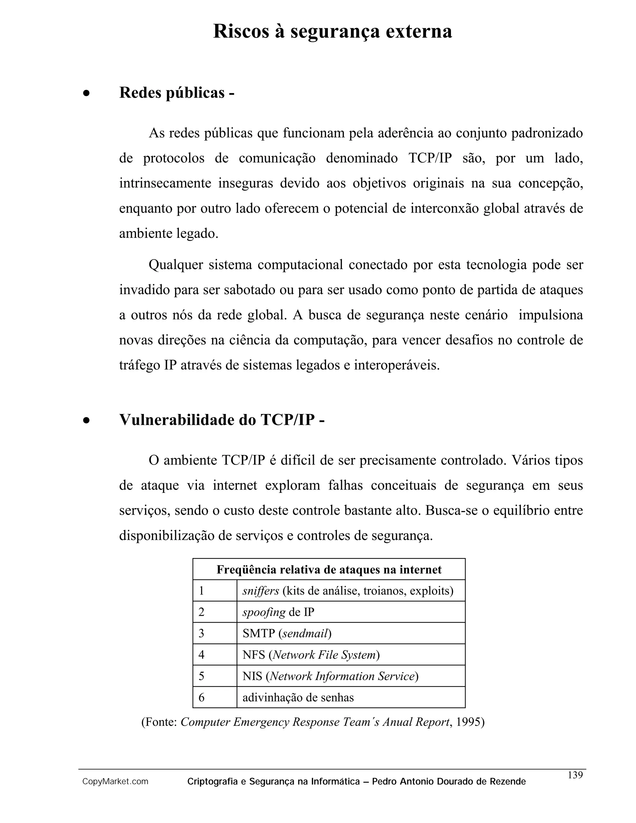 Riscos à segurança externa

•      Redes públicas -

                 As redes públicas que funcionam pela aderência ao conjunto padronizado
       de protocolos de comunicação denominado TCP/IP são, por um lado,
       intrinsecamente inseguras devido aos objetivos originais na sua concepção,
       enquanto por outro lado oferecem o potencial de interconxão global através de
       ambiente legado.

                 Qualquer sistema computacional conectado por esta tecnologia pode ser
       invadido para ser sabotado ou para ser usado como ponto de partida de ataques
       a outros nós da rede global. A busca de segurança neste cenário impulsiona
       novas direções na ciência da computação, para vencer desafios no controle de
       tráfego IP através de sistemas legados e interoperáveis.


•      Vulnerabilidade do TCP/IP -

                 O ambiente TCP/IP é difícil de ser precisamente controlado. Vários tipos
       de ataque via internet exploram falhas conceituais de segurança em seus
       serviços, sendo o custo deste controle bastante alto. Busca-se o equilíbrio entre
       disponibilização de serviços e controles de segurança.

                             Freqüência relativa de ataques na internet
                         1         sniffers (kits de análise, troianos, exploits)
                         2         spoofing de IP
                         3         SMTP (sendmail)
                         4         NFS (Network File System)
                         5         NIS (Network Information Service)
                         6         adivinhação de senhas
            (Fonte: Computer Emergency Response Team´s Anual Report, 1995)



                                                                                                    139
CopyMarket.com         Criptografia e Segurança na Informática – Pedro Antonio Dourado de Rezende
 