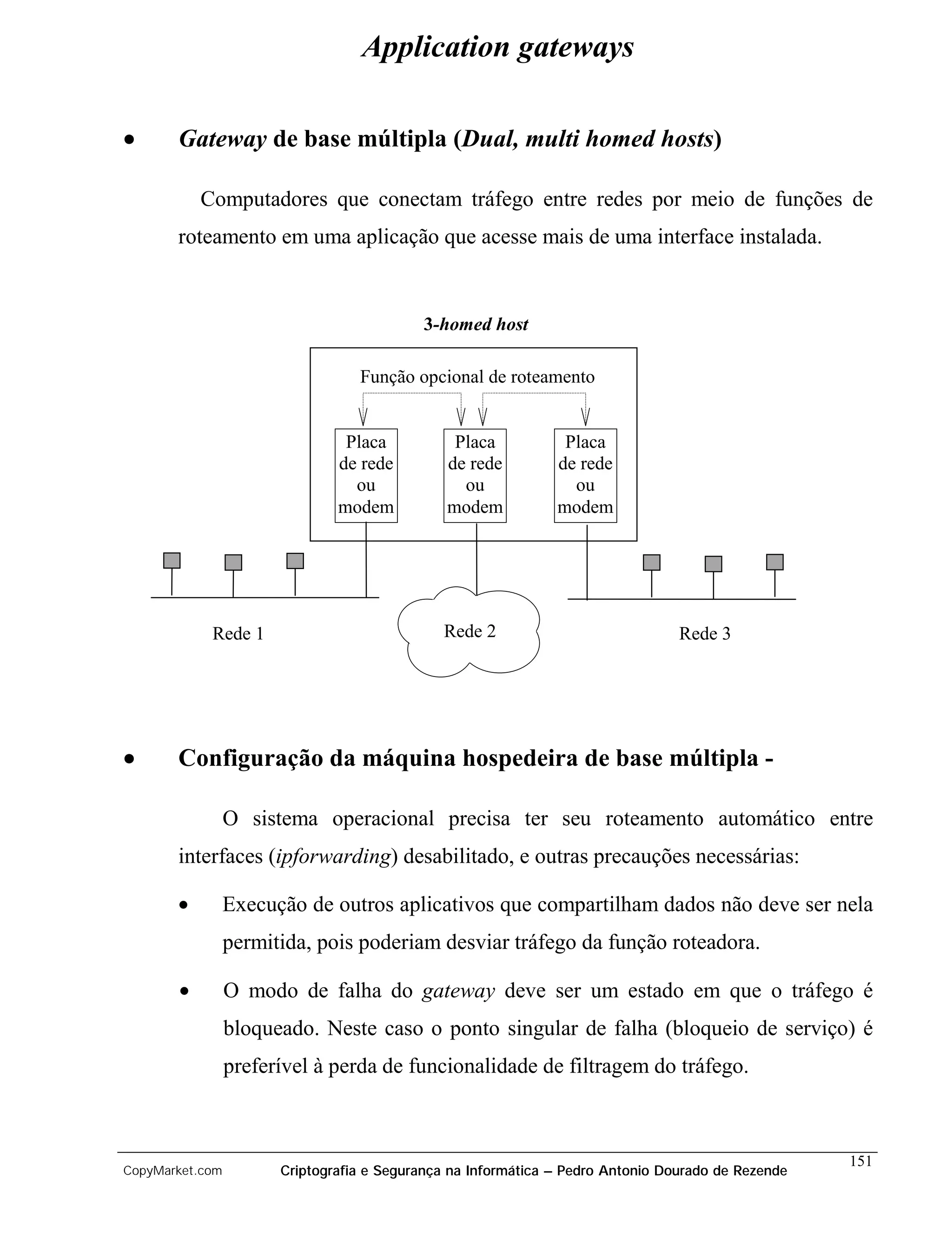 Application gateways

•      Gateway de base múltipla (Dual, multi homed hosts)

           Computadores que conectam tráfego entre redes por meio de funções de
       roteamento em uma aplicação que acesse mais de uma interface instalada.


                                           3-homed host

                                  Função opcional de roteamento


                                Placa           Placa           Placa
                               de rede         de rede         de rede
                                 ou              ou              ou
                               modem           modem           modem




            Rede 1                            Rede 2                             Rede 3




•      Configuração da máquina hospedeira de base múltipla -

                 O sistema operacional precisa ter seu roteamento automático entre
       interfaces (ipforwarding) desabilitado, e outras precauções necessárias:

       •         Execução de outros aplicativos que compartilham dados não deve ser nela
                 permitida, pois poderiam desviar tráfego da função roteadora.

       •         O modo de falha do gateway deve ser um estado em que o tráfego é
                 bloqueado. Neste caso o ponto singular de falha (bloqueio de serviço) é
                 preferível à perda de funcionalidade de filtragem do tráfego.



                                                                                                    151
CopyMarket.com         Criptografia e Segurança na Informática – Pedro Antonio Dourado de Rezende
 