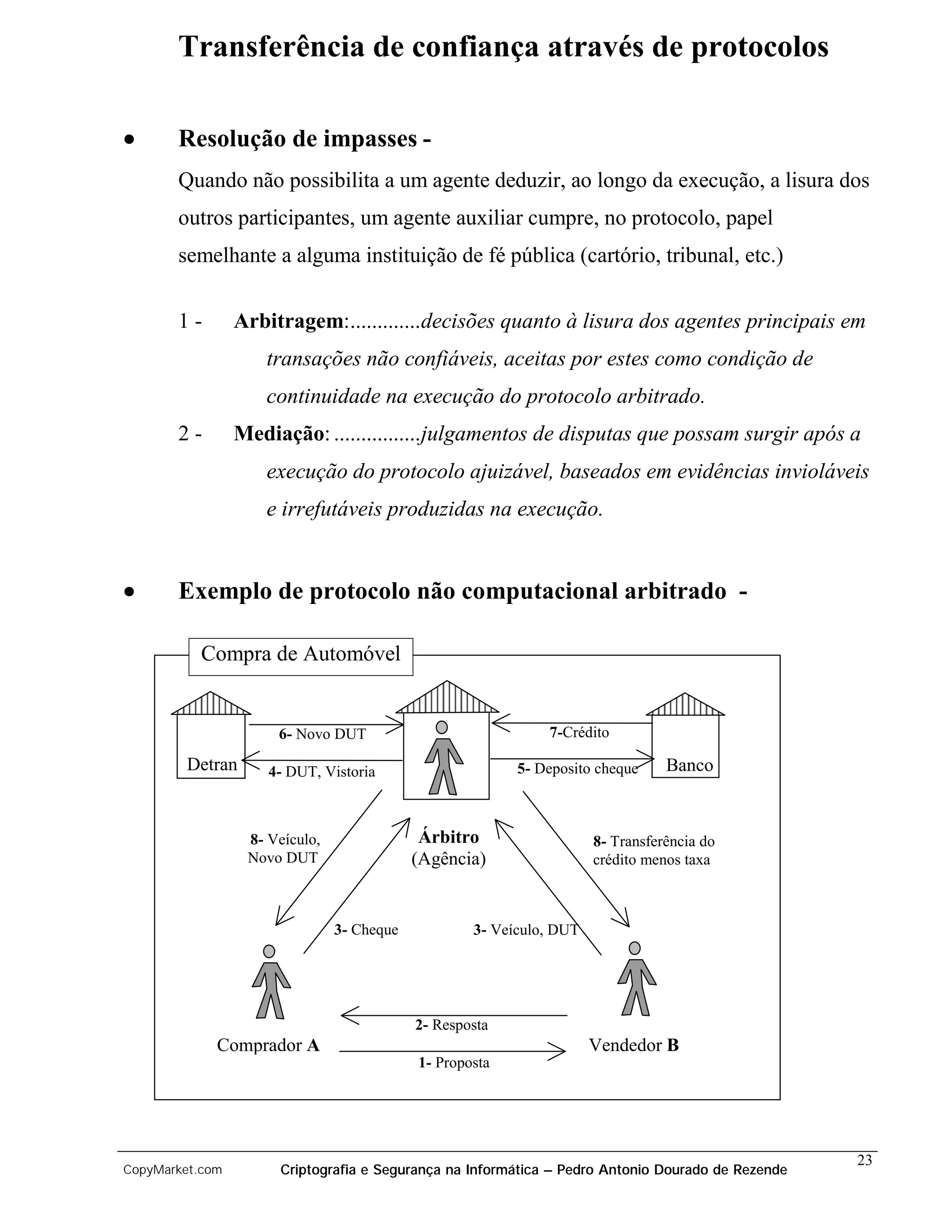 Transferência de confiança através de protocolos

•      Resolução de impasses -
       Quando não possibilita a um agente deduzir, ao longo da execução, a lisura dos
       outros participantes, um agente auxiliar cumpre, no protocolo, papel
       semelhante a alguma instituição de fé pública (cartório, tribunal, etc.)


       1-        Arbitragem:.............decisões quanto à lisura dos agentes principais em
                    transações não confiáveis, aceitas por estes como condição de
                    continuidade na execução do protocolo arbitrado.
       2-        Mediação: ................julgamentos de disputas que possam surgir após a
                    execução do protocolo ajuizável, baseados em evidências invioláveis
                    e irrefutáveis produzidas na execução.


•      Exemplo de protocolo não computacional arbitrado -

           Compra de Automóvel


                      6- Novo DUT                             7-Crédito

         Detran      4- DUT, Vistoria                     5- Deposito cheque     Banco


                  8- Veículo,                Árbitro                  8- Transferência do
                  Novo DUT                  (Agência)                 crédito menos taxa



                                3- Cheque           3- Veículo, DUT




                                            2- Resposta
             Comprador A                                              Vendedor B
                                            1- Proposta




                                                                                                   23
CopyMarket.com        Criptografia e Segurança na Informática – Pedro Antonio Dourado de Rezende
 