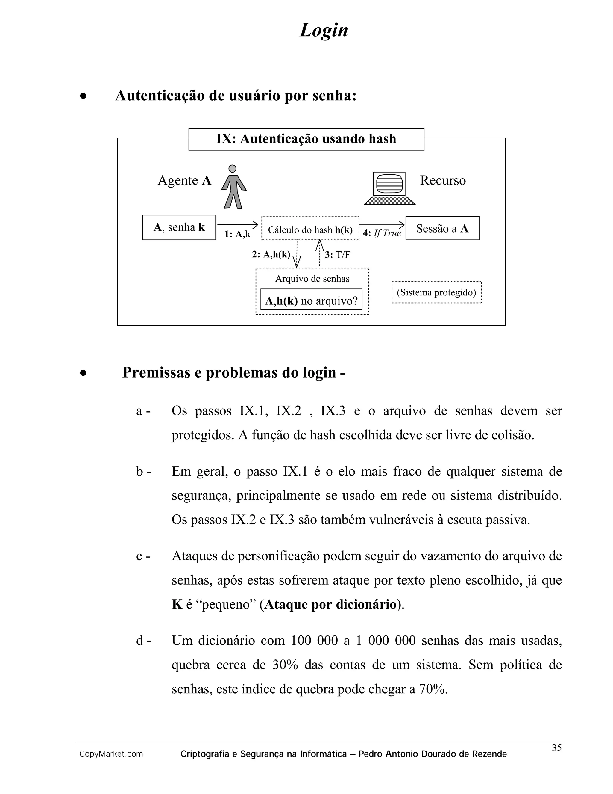 Login


•      Autenticação de usuário por senha:

                              IX: Autenticação usando hash

                 Agente A                                                      Recurso


                 A, senha k                Cálculo do hash h(k)   4: If True   Sessão a A
                               1: A,k

                                        2: A,h(k)       3: T/F

                                             Arquivo de senhas
                                                                          (Sistema protegido)
                                          A,h(k) no arquivo?




•        Premissas e problemas do login -

            a-      Os passos IX.1, IX.2 , IX.3 e o arquivo de senhas devem ser
                    protegidos. A função de hash escolhida deve ser livre de colisão.

            b-      Em geral, o passo IX.1 é o elo mais fraco de qualquer sistema de
                    segurança, principalmente se usado em rede ou sistema distribuído.
                    Os passos IX.2 e IX.3 são também vulneráveis à escuta passiva.

            c-      Ataques de personificação podem seguir do vazamento do arquivo de
                    senhas, após estas sofrerem ataque por texto pleno escolhido, já que
                    K é “pequeno” (Ataque por dicionário).

            d-      Um dicionário com 100 000 a 1 000 000 senhas das mais usadas,
                    quebra cerca de 30% das contas de um sistema. Sem política de
                    senhas, este índice de quebra pode chegar a 70%.



                                                                                                   35
CopyMarket.com        Criptografia e Segurança na Informática – Pedro Antonio Dourado de Rezende
 