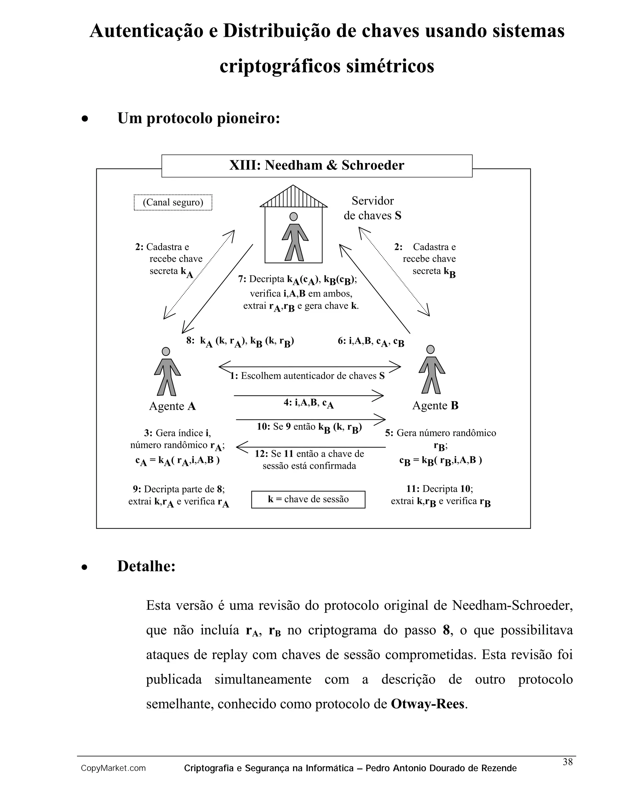 Autenticação e Distribuição de chaves usando sistemas
                                criptográficos simétricos

•      Um protocolo pioneiro:

                                  XIII: Needham & Schroeder

             (Canal seguro)                                        Servidor
                                                                  de chaves S

           2: Cadastra e                                                      2:     Cadastra e
              recebe chave                                                         recebe chave
              secreta kA                                                             secreta kB
                                       7: Decripta kA(cA), kB(cB);
                                          verifica i,A,B em ambos,
                                        extrai rA,rB e gera chave k.


                        8: kA (k, rA), kB (k, rB)                6: i,A,B, cA, cB


                                      1: Escolhem autenticador de chaves S


                 Agente A                         4: i,A,B, cA                       Agente B
                                            10: Se 9 então kB (k, rB)
             3: Gera índice i,                                               5: Gera número randômico
          número randômico rA;                                                          rB ;
                                           12: Se 11 então a chave de
           cA = kA( rA,i,A,B )                                                  cB = kB( rB,i,A,B )
                                             sessão está confirmada

           9: Decripta parte de 8;                                                11: Decripta 10;
          extrai k,rA e verifica rA           k = chave de sessão             extrai k,rB e verifica rB




•      Detalhe:

                 Esta versão é uma revisão do protocolo original de Needham-Schroeder,
                 que não incluía rA, rB no criptograma do passo 8, o que possibilitava
                 ataques de replay com chaves de sessão comprometidas. Esta revisão foi
                 publicada simultaneamente com a descrição de outro protocolo
                 semelhante, conhecido como protocolo de Otway-Rees.


                                                                                                          38
CopyMarket.com         Criptografia e Segurança na Informática – Pedro Antonio Dourado de Rezende
 