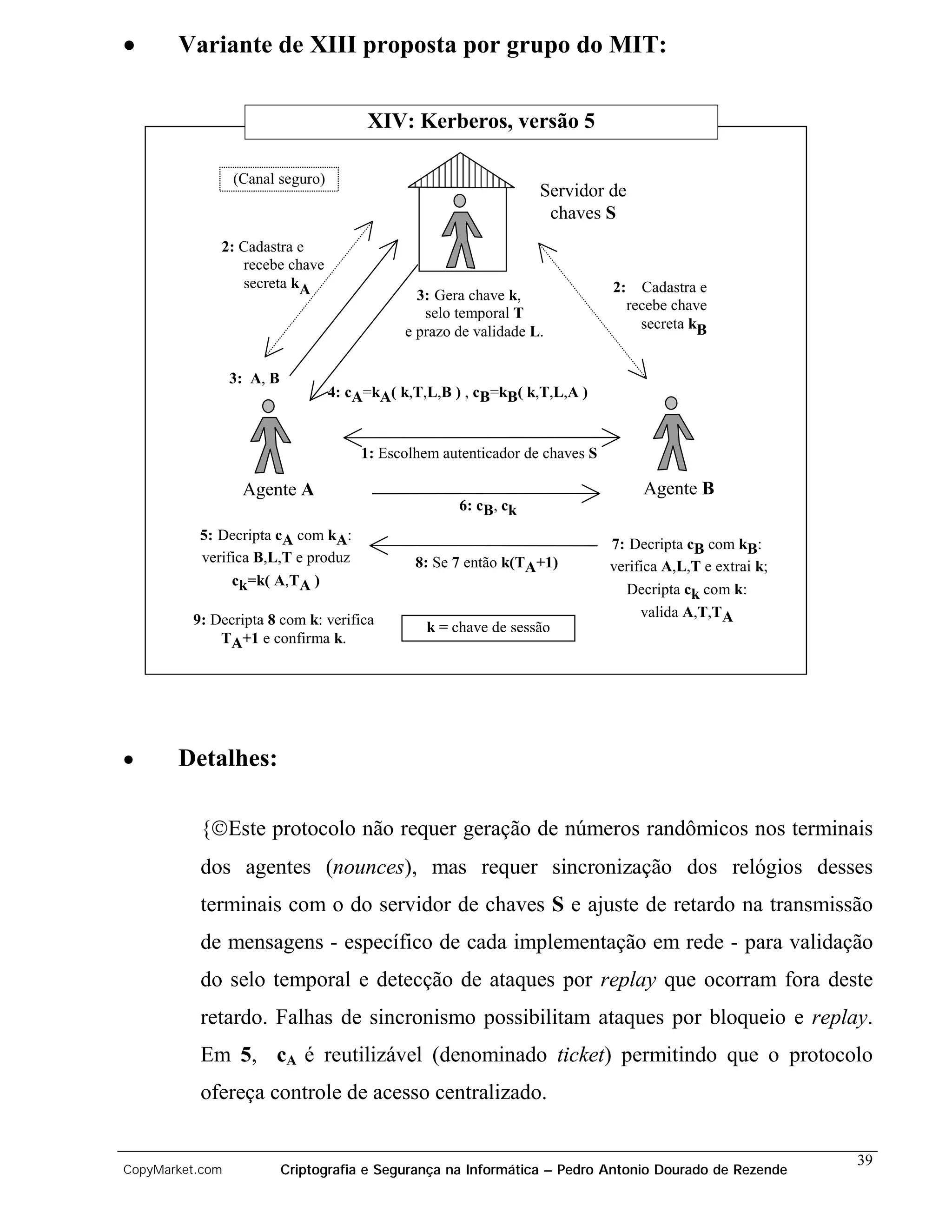 •      Variante de XIII proposta por grupo do MIT:


                                       XIV: Kerberos, versão 5

                 (Canal seguro)
                                                                  Servidor de
                                                                   chaves S
             2: Cadastra e
                recebe chave
                secreta kA                                                   2:     Cadastra e
                                               3: Gera chave k,
                                                                                  recebe chave
                                                selo temporal T
                                                                                    secreta kB
                                             e prazo de validade L.


                 3: A, B
                                  4: cA=kA( k,T,L,B ) , cB=kB( k,T,L,A )


                                      1: Escolhem autenticador de chaves S

                  Agente A                                                          Agente B
                                                     6: cB, ck
          5: Decripta cA com kA:
                                                                             7: Decripta cB com kB:
          verifica B,L,T e produz             8: Se 7 então k(TA+1)          verifica A,L,T e extrai k;
               ck=k( A,TA )
                                                                               Decripta ck com k:
         9: Decripta 8 com k: verifica                                            valida A,T,TA
                                                k = chave de sessão
             TA+1 e confirma k.




•      Detalhes:

          {Este protocolo não requer geração de números randômicos nos terminais
          dos agentes (nounces), mas requer sincronização dos relógios desses
          terminais com o do servidor de chaves S e ajuste de retardo na transmissão
          de mensagens - específico de cada implementação em rede - para validação
          do selo temporal e detecção de ataques por replay que ocorram fora deste
          retardo. Falhas de sincronismo possibilitam ataques por bloqueio e replay.
          Em 5, cA é reutilizável (denominado ticket) permitindo que o protocolo
          ofereça controle de acesso centralizado.


                                                                                                          39
CopyMarket.com             Criptografia e Segurança na Informática – Pedro Antonio Dourado de Rezende
 