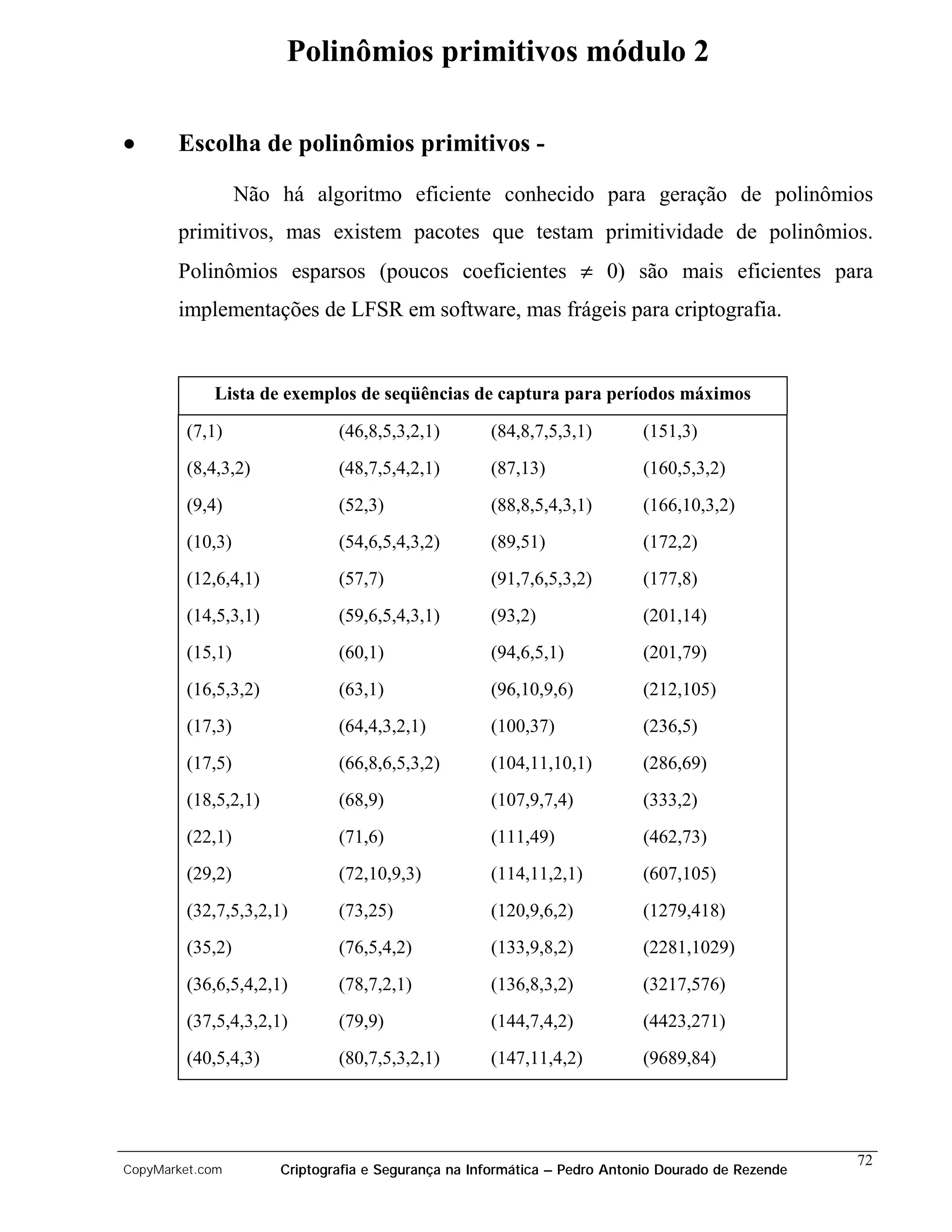 Polinômios primitivos módulo 2

•      Escolha de polinômios primitivos -

                 Não há algoritmo eficiente conhecido para geração de polinômios
       primitivos, mas existem pacotes que testam primitividade de polinômios.
       Polinômios esparsos (poucos coeficientes ≠ 0) são mais eficientes para
       implementações de LFSR em software, mas frágeis para criptografia.


            Lista de exemplos de seqüências de captura para períodos máximos

        (7,1)                (46,8,5,3,2,1)        (84,8,7,5,3,1)        (151,3)
        (8,4,3,2)            (48,7,5,4,2,1)        (87,13)               (160,5,3,2)
        (9,4)                (52,3)                (88,8,5,4,3,1)        (166,10,3,2)
        (10,3)               (54,6,5,4,3,2)        (89,51)               (172,2)
        (12,6,4,1)           (57,7)                (91,7,6,5,3,2)        (177,8)
        (14,5,3,1)           (59,6,5,4,3,1)        (93,2)                (201,14)
        (15,1)               (60,1)                (94,6,5,1)            (201,79)
        (16,5,3,2)           (63,1)                (96,10,9,6)           (212,105)
        (17,3)               (64,4,3,2,1)          (100,37)              (236,5)
        (17,5)               (66,8,6,5,3,2)        (104,11,10,1)         (286,69)
        (18,5,2,1)           (68,9)                (107,9,7,4)           (333,2)
        (22,1)               (71,6)                (111,49)              (462,73)
        (29,2)               (72,10,9,3)           (114,11,2,1)          (607,105)
        (32,7,5,3,2,1)       (73,25)               (120,9,6,2)           (1279,418)
        (35,2)               (76,5,4,2)            (133,9,8,2)           (2281,1029)
        (36,6,5,4,2,1)       (78,7,2,1)            (136,8,3,2)           (3217,576)
        (37,5,4,3,2,1)       (79,9)                (144,7,4,2)           (4423,271)
        (40,5,4,3)           (80,7,5,3,2,1)        (147,11,4,2)          (9689,84)




                                                                                                  72
CopyMarket.com       Criptografia e Segurança na Informática – Pedro Antonio Dourado de Rezende
 