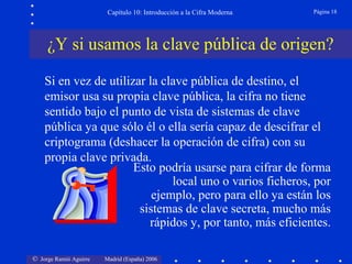 Capítulo 10: Introducción a la Cifra Moderna

Página 18

¿Y si usamos la clave pública de origen?
Si en vez de utilizar la clave pública de destino, el
emisor usa su propia clave pública, la cifra no tiene
sentido bajo el punto de vista de sistemas de clave
pública ya que sólo él o ella sería capaz de descifrar el
criptograma (deshacer la operación de cifra) con su
propia clave privada.
Esto podría usarse para cifrar de forma
local uno o varios ficheros, por
ejemplo, pero para ello ya están los
sistemas de clave secreta, mucho más
rápidos y, por tanto, más eficientes.
© Jorge Ramió Aguirre

Madrid (España) 2006

 