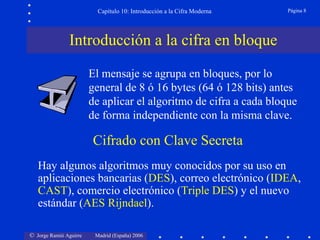 Capítulo 10: Introducción a la Cifra Moderna

Página 8

Introducción a la cifra en bloque
El mensaje se agrupa en bloques, por lo
general de 8 ó 16 bytes (64 ó 128 bits) antes
de aplicar el algoritmo de cifra a cada bloque
de forma independiente con la misma clave.

Cifrado con Clave Secreta
Hay algunos algoritmos muy conocidos por su uso en
aplicaciones bancarias (DES), correo electrónico (IDEA,
CAST), comercio electrónico (Triple DES) y el nuevo
estándar (AES Rijndael).
© Jorge Ramió Aguirre

Madrid (España) 2006

 