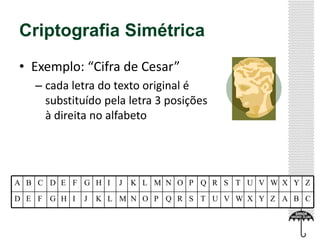 Criptografia Simétrica
• Exemplo: “Cifra de Cesar”
– cada letra do texto original é
substituído pela letra 3 posições
à direita no alfabeto

A B C D E F G H I
D E F G H I

J

J

K L M N O P Q R S T U V W X Y Z

K L M N O P Q R S T U V W X Y Z A B C

 