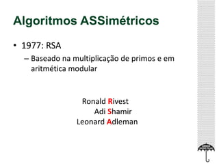Algoritmos ASSimétricos
• 1977: RSA
– Baseado na multiplicação de primos e em
aritmética modular

Ronald Rivest
Adi Shamir
Leonard Adleman

 