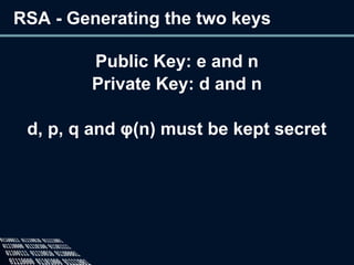 RSA - Generating the two keys
Public Key: e and n
Private Key: d and n
d, p, q and φ(n) must be kept secret
 
