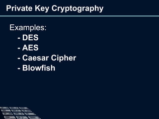 Private Key Cryptography
Examples:
- DES
- AES
- Caesar Cipher
- Blowfish
 