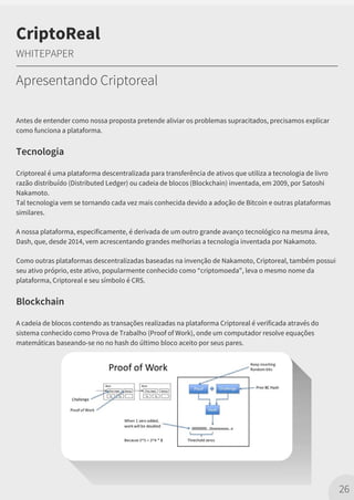 Antes de entender como nossa proposta pretende aliviar os problemas supracitados, precisamos explicar
como funciona a plataforma.
Tecnologia
Criptoreal é uma plataforma descentralizada para transferência de ativos que utiliza a tecnologia de livro
razão distribuído (Distributed Ledger) ou cadeia de blocos (Blockchain) inventada, em 2009, por Satoshi
Nakamoto.
Tal tecnologia vem se tornando cada vez mais conhecida devido a adoção de Bitcoin e outras plataformas
similares.
A nossa plataforma, especificamente, é derivada de um outro grande avanço tecnológico na mesma área,
Dash, que, desde 2014, vem acrescentando grandes melhorias a tecnologia inventada por Nakamoto.
Como outras plataformas descentralizadas baseadas na invenção de Nakamoto, Criptoreal, também possui
seu ativo próprio, este ativo, popularmente conhecido como “criptomoeda”, leva o mesmo nome da
plataforma, Criptoreal e seu símbolo é CRS.
Blockchain
A cadeia de blocos contendo as transações realizadas na plataforma Criptoreal é verificada através do
sistema conhecido como Prova de Trabalho (Proof of Work), onde um computador resolve equações
matemáticas baseando-se no no hash do último bloco aceito por seus pares.
26
CriptoReal
WHITEPAPER
Apresentando Criptoreal
 