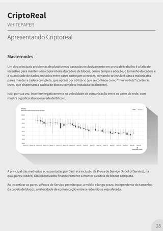 Masternodes
Um dos principais problemas de plataformas baseadas exclusivamente em prova de trabalho é a falta de
incentivo para manter uma cópia inteira da cadeia de blocos, com o tempo e adoção, o tamanho da cadeia e
a quantidade de dados enviados entre pares começam a crescer, tornando-se inviável para a maioria dos
pares manter a cadeia completa, que optam por utilizar o que se conhece como “thin wallets” (carteiras
leves, que dispensam a cadeia de blocos completa instalada localmente).
Isto, por sua vez, interfere negativamente na velocidade de comunicação entre os pares da rede, com
mostra o gráfico abaixo na rede de Bitcoin.
28
A principal das melhorias acrescentadas por Dash é a inclusão da Prova de Serviço (Proof of Service), na
qual pares (Nodes) são incentivados financeiramente a manter a cadeia de blocos completa.
Ao incentivar os pares, a Prova de Serviço permite que, a médio e longo prazo, independente do tamanho
da cadeia de blocos, a velocidade de comunicação entre a rede não se veja afetada.
CriptoReal
WHITEPAPER
Apresentando Criptoreal
 