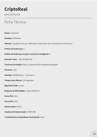 Nome: Criptoreal
Símbolo: CRS Bloco
Gênesis: "Estadão 31/01/18 - MPF pede condenação de ex-presidente da Petrobras”
Prefixo de Endereços: C
Prefixo de Endereços Script e Contratos Inteligente: S
Emissão Total: ~ 202.550.000 CRS
Total em Circulação: https://criptoreal.info/ext/getmoneysupply
Premine: 1,3%
Halving: 825000 blocos ( ~38 meses )
Tempo entre Blocos: 120 segundos
Algoritmo PoW: Lyra2z
Reajuste de Dificuldade: 1 bloco (DGW v3)
Porta P2P: 5511
Porta RPC: 5512
Masternodes: Ativos
Colateral de Masternode: 50.000 CRS
Transferências instantâneas (InstaSend): Ativo
38
CriptoReal
WHITEPAPER
Ficha Técnica
 