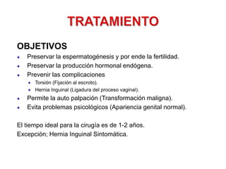 DIAGNÓSTICO ULTRASONOGRAFIAHallazgos:Presencia de masa oval en el canal inguinal es diagnóstica.Masa hipoecoica.No detecta testículo intraabdominal.