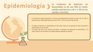 I G : s t u d y w i t h a r t
 Los testículos pueden descender al escroto espontáneamente durante el primer año de vida, la
prevalencia de criptorquidia disminuye entre 0,8% y 1,2% en el primer año de vida.
 El riesgo de testículos no descendidos es diez veces mayor en los gemelos de sexo masculino si
está presente en uno de ellos,
 3,5 veces más alto en los varones que tienen un hermano con testículos no descendidos y 2,3
veces mayor en los hombres cuyo padre hubieran padecido la condición
Epidemiología La incidencia de testículos no
descendidos es de casi 30% en recién
nacidos prematuros y de 1 a 3% en los
nacidos a término.
 