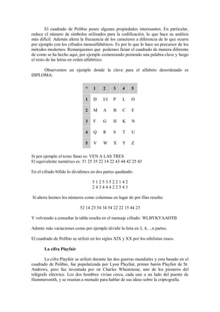El cuadrado de Polibio posee algunas propiedades interesantes. En particular,
reduce el número de símbolos utilizados para la codificación, lo que hace su análisis
más difícil. Además altera la frecuencia de los caracteres a diferencia de lo que ocurre
por ejemplo con los cifrados monoalfabéticos. Es por lo que lo hace un precursor de los
métodos modernos. Remarquemos que podemos llenar el cuadrado de manera diferente
de como se ha hecho aquí, por ejemplo comenzando poniendo una palabra clave y luego
el resto de las letras en orden alfabético.

     Observemos un ejemplo donde la clave para el alfabeto desordenado es
DIPLOMA:


                               *   1     2     3    4    5

                               1   D     I/J   P    L    O

                               2   M     A     B    C    E

                               3   F     G     H    K    N

                               4   Q     R     S    T    U

                               5   V     W     X    Y    Z

Si por ejemplo el texto llano es: VEN A LAS TRES
El equivalente numérico es: 51 25 35 22 14 22 43 44 42 25 43

En el cifrado bífido lo dividimos en dos partes quedando:

                                   51253522142
                                   24344422543

Si ahora leemos los números como columnas en lugar de por filas resulta:

                           52 14 23 54 34 54 22 22 15 44 23

Y volviendo a consultar la tabla resulta en el mensaje cifrado: WLBYKYAAOTB

Admite más variaciones como por ejemplo dividir la lista en 3, 4, ...n partes.

El cuadrado de Polibio se utilizó en los siglos XIX y XX por los nihilistas rusos.

       La cifra Playfair

        La cifra Playfair se utilizó durante las dos guerras mundiales y esta basado en el
cuadrado de Polibio, fue popularizada por Lyon Playfair, primer barón Playfair de St.
Andrews, pero fue inventada por sir Charles Wheatstone, uno de los pioneros del
telégrafo eléctrico. Los dos hombres vivían cerca, cada uno a un lado del puente de
Hammersmith, y se reunían a menudo para hablar de sus ideas sobre la criptografía.
 
