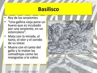 Basilisco
• Rey de las serpientes
• “Una gallina vieja pone un
  huevo que es incubado
  por una serpiente, en un
  estercolero”.
• Mata con la mirada, el
  tacto, el olor y el sonido
  de su sisear.
• Muere con el canto del
  gallo y lo matan las
  comadrejas como las
  mangostas a la cobra.
 
