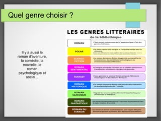Quel genre choisir ?
Il y a aussi le
roman d'aventure,
la comédie, la
nouvelle, le
roman
psychologique et
social...
 
