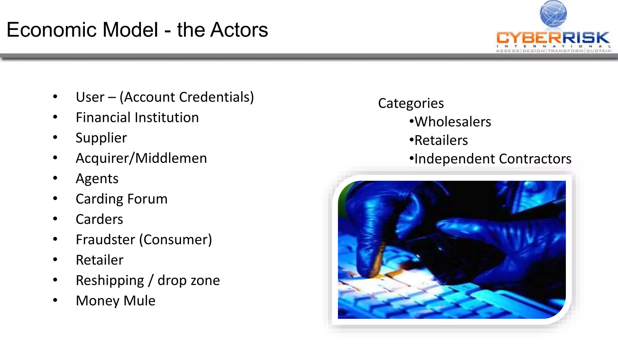 Economic Model - the Actors 
&bull; User &ndash; (Account Credentials) 
&bull; Financial Institution 
&bull; Supplier 
&bull; Acquirer/Middlemen 
&bull; Agents 
&bull; Carding Forum 
&bull; Carders 
&bull; Fraudster (Consumer) 
&bull; Retailer 
&bull; Reshipping / drop zone 
&bull; Money Mule 
Categories 
&bull;Wholesalers 
&bull;Retailers 
&bull;Independent Contractors 
 