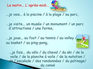 Le matin... L'après-midi... 
...je vais... à la piscine / à la plage / au parc, 
...je visite... un musée / un monument / un parc 
d'attractions / une ferme, 
...je joue... au foot / au tennis / au volley / 
au basket / au ping-pong, 
...je fais... du vélo / du cheval / du ski / de la 
voile / de la planche à voile / de la natation / 
de l'escalade / des randonnées / du patinage/ 
du canoë 
 