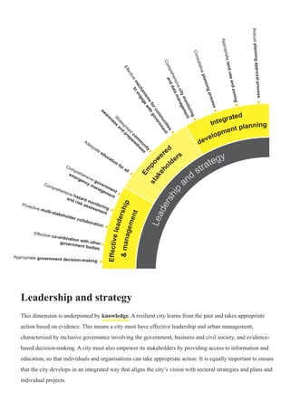 This dimension is underpinned by knowledge. A resilient city learns from the past and takes appropriate
action based on evidence. This means a city must have effective leadership and urban management,
characterised by inclusive governance involving the government, business and civil society, and evidence-
based decision-making. A city must also empower its stakeholders by providing access to information and
education, so that individuals and organisations can take appropriate action. It is equally important to ensure
that the city develops in an integrated way that aligns the city’s vision with sectoral strategies and plans and
individual projects.
Integrated
Em
po
w
ered
Effectiveleadership
&communications
ofcritica
l services
Mi
development planning
stakeh
olders
&management
Reliablemobility
Effective
provision
Reduc
vu
Leadership
and
strategy
Infrastructure
&
environment
Safeandaffordablehousing
es
re
capacity
Diligent m
aintenance
Adequate continuity for critical assets
and services
Diverse and affordable transport networks
Effective transport operation
& maintenance
Reliable communications technology
Secure technology networks
Appropriate government decision-making
Effective co-ordination with othergovernment bodies
Proactive multi-stakeholder collaboration
Comprehensive hazard monitoring
and risk assessment
Comprehensive government
emergency management
Adequate education
for all
W
idespread
com
m
unity
aw
areness
and
preparedness
Effectivem
echanism
sforcom
m
unities
to
engagewith
governm
entComprehensivecitymonitoring
anddatamanagement
Consultativeplanningprocess
Appropriatelanduseandzoning
Robustplanningapprovalprocess
8
Leadership and strategy
 
