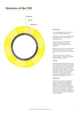 1City Resilience Index - The Rockefeller Foundation | Arup
Structure of the CRI
4 Dimensions
Our research suggests that resilience of a
city relates to four key dimensions:
Health and well-being, ensuring the health
and wellbeing of everyone living and
working in the city;
Economy and society, the social and
financial systems that enable urban
populations to live peacefully, and act
collectively;
Infrastructure and environment, man-made
and natural systems that provide critical
services, protect and connect urban citizens;
and
Leadership and strategy, the need for
informed, inclusive, integrated and iterative
decision making in our cities.
12 Goals
Underpinning these four dimensions, there
are 12 goals that each and every city should
strive towards in order to achieve resilience.
Our research tells us that universally these
are what matters most when a city faces a
wide range of chronic problems or a sudden
catastrophe. However, it is recognised
within the framework that the relative
importance of each goal and how they are
realised will be unique for every city.
52 Indicators
Research to develop the City Resilience
Framework and Index has identified 58
indicators. The indicators add further
definition to the 12 goals and identify the
critical factors that contribute towards the
resilience of urban systems. The indicators
also integrate the 7 qualities of resilient
systems (e.g. robust, inclusive, flexible) that
Arup’s empirical research has identified as
of vital importance.
4 Dimensions
12 Goals
52 Indicators
 