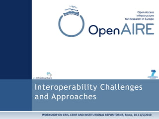 WORKSHOP ON CRIS, CERIF AND INSTITUTIONAL REPOSITORIES, Rome, 10-11/5/2010
Interoperability Challenges
and Approaches
 
