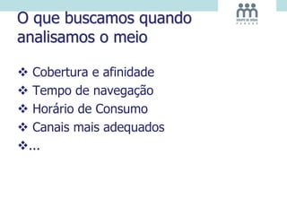 O que buscamos quando
analisamos o meio
 Cobertura e afinidade
 Tempo de navegação
 Horário de Consumo
 Canais mais adequados
...
 