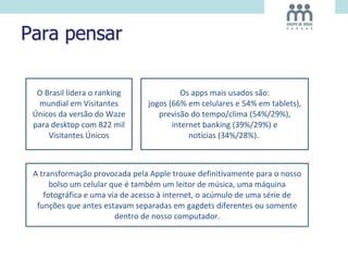 Para pensar
O Brasil lidera o ranking
mundial em Visitantes
Únicos da versão do Waze
para desktop com 822 mil
Visitantes Únicos
A transformação provocada pela Apple trouxe definitivamente para o nosso
bolso um celular que é também um leitor de música, uma máquina
fotográfica e uma via de acesso à internet, o acúmulo de uma série de
funções que antes estavam separadas em gagdets diferentes ou somente
dentro de nosso computador.
Os apps mais usados são:
jogos (66% em celulares e 54% em tablets),
previsão do tempo/clima (54%/29%),
internet banking (39%/29%) e
notícias (34%/28%).
 