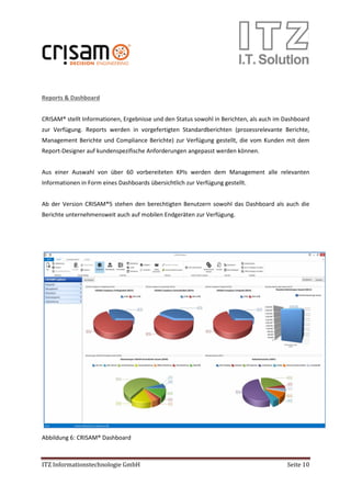 ITZ Informationstechnologie GmbH Seite 10
Reports & Dashboard
CRISAM® stellt Informationen, Ergebnisse und den Status sowohl in Berichten, als auch im Dashboard
zur Verfügung. Reports werden in vorgefertigten Standardberichten (prozessrelevante Berichte,
Management Berichte und Compliance Berichte) zur Verfügung gestellt, die vom Kunden mit dem
Report-Designer auf kundenspezifische Anforderungen angepasst werden können.
Aus einer Auswahl von über 60 vorbereiteten KPIs werden dem Management alle relevanten
Informationen in Form eines Dashboards übersichtlich zur Verfügung gestellt.
Ab der Version CRISAM®5 stehen den berechtigten Benutzern sowohl das Dashboard als auch die
Berichte unternehmensweit auch auf mobilen Endgeräten zur Verfügung.
Abbildung 6: CRISAM® Dashboard
 