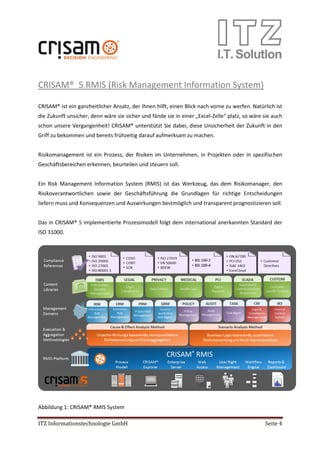 ITZ Informationstechnologie GmbH Seite 4
CRISAM® 5 RMIS (Risk Management Information System)
CRISAM® ist ein ganzheitlicher Ansatz, der Ihnen hilft, einen Blick nach vorne zu werfen. Natürlich ist
die Zukunft unsicher, denn wäre sie sicher und fände sie in einer „Excel-Zelle“ platz, so wäre sie auch
schon unsere Vergangenheit! CRISAM® unterstützt Sie dabei, diese Unsicherheit der Zukunft in den
Griff zu bekommen und bereits frühzeitig darauf aufmerksam zu machen.
Risikomanagement ist ein Prozess, der Risiken im Unternehmen, in Projekten oder in spezifischen
Geschäftsbereichen erkennen, beurteilen und steuern soll.
Ein Risk Management Information System (RMIS) ist das Werkzeug, das dem Risikomanager, den
Risikoverantwortlichen sowie der Geschäftsführung die Grundlagen für richtige Entscheidungen
liefern muss und Konsequenzen und Auswirkungen bestmöglich und transparent prognostizieren soll.
Das in CRISAM® 5 implementierte Prozessmodell folgt dem international anerkannten Standard der
ISO 31000.
Abbildung 1: CRISAM® RMIS System
 