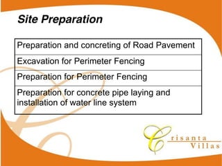 Site Preparation

Preparation and concreting of Road Pavement
Excavation for Perimeter Fencing
Preparation for Perimeter Fencing
Preparation for concrete pipe laying and
installation of water line system
 