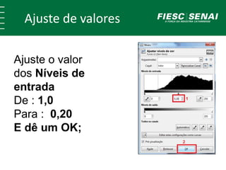Ajuste de valores
Ajuste o valor
dos Níveis de
entrada
De : 1,0
Para : 0,20
E dê um OK;
 