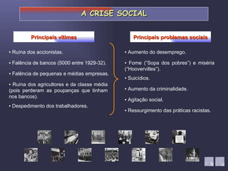▪  Aumento da criminalidade. ▪  Agitação social. ▪  Ressurgimento das práticas racistas. ▪  Suicídios. ▪  Fome (“Sopa dos pobres”) e miséria (“Hoovervilles”). ▪  Aumento do desemprego. ▪  Despedimento dos trabalhadores. ▪  Ruína dos agricultores e da classe média (pois perderam as poupanças que tinham nos bancos). ▪  Falência de bancos (5000 entre 1929-32). ▪  Falência de pequenas e médias empresas. ▪  Ruína dos accionistas. Principais vítimas A CRISE SOCIAL Principais problemas sociais 