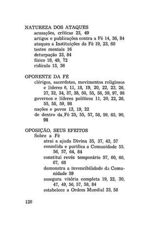 NATUREZA DOS ATAQUES
acusações, críticas 23, 49
artigos e publicações contra a Fé 14, 36, 84
ataques a Instituições da Fé 19, 23, 60
testes mentais 16
deturpação 23, 84
físico 19, 49, 72
ridículo 13, 36
OPONENTE DA FÉ
clérigos, sacerdotes, movimentos religiosos
e líderes 6, 11, 18, 19, 20, 22, 23, 26,
27, 32, 34, 37, 38, 50, 55, 58, 59, 97, 98
governos e líderes políticos 11, 20, 22, 26,
55, 58, 59, 98
nações e povos 13, 19, 22
de dentro da.Fé 25, 55, 57, 58, 59, 65, 90,
98
OPOSIÇÃO, SEUS EFEITOS
Sobre a Fé
atrai a ajuda Divina 35, 37, 43, 57
consolida e purifica a Comunidade 55,
56, 57, 64, 84
constitui revés temporário 57, 60, 66,
67, 68
demonstra a invencibilidade da Comunidade 59
assegura vitória completa 19, 22, 30,
47, 49, 56, 57, 58, 84
estabelece a Ordem Mundial 23, 58
120

 