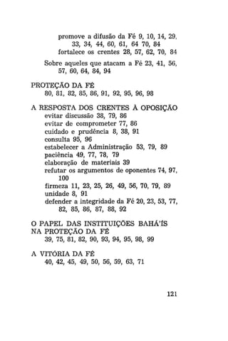 promove a difusão da Fé 9, 10, 14, 29,
33, 34, 44, 60, 61, 64 70, 84
fortalece os crentes 28, 57, 62, 70, 84
Sobre aqueles que atacam a Fé 23, 41, 56,
57, 60, 64, 84, 94
PROTEÇÃO DA FÉ
80, 81, 82, 85, 86, 91, 92, 95, 96, 98
A RESPOSTA DOS CRENTES À OPOSIÇÃO
evitar discussão 38, 79, 86
evitar de comprometer 77, 86
cuidado e prudência 8, 38, 91
consulta 95, 96
estabelecer a Administração 53, 79, 89
paciência 49, 77, 78, 79
elaboração de materiais 39
refutar os argumentos de oponentes 74, 97,
100
firmeza 11, 23, 25, 26, 49, 56, 70, 79, 89
unidade 8, 91
defender a integridade da Fé 20, 23, 53, 77,
82, 85, 86, 87, 88, 92
O PAPEL DAS INSTITUIÇÕES BAHÁ'ÍS
NA PROTEÇÃO DA FÉ
39, 75, 81, 82, 90, 93, 94, 95, 98, 99
A VITÓRIA DA FÉ
40, 42, 45, 49, 50, 56, 59, 63, 71

121

 