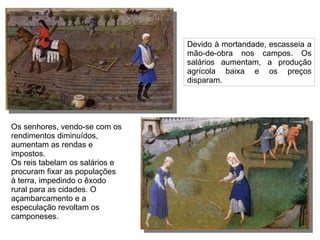 Devido à mortandade, escasseia a mão-de-obra nos campos. Os salários aumentam, a produção agrícola baixa e os preços disparam. Os senhores, vendo-se com os rendimentos diminuídos, aumentam as rendas e impostos. Os reis tabelam os salários e procuram fixar as populações à terra, impedindo o êxodo rural para as cidades. O açambarcamento e a especulação revoltam os camponeses. 