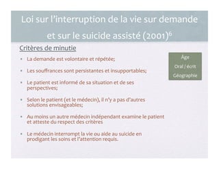 Loi	
  sur	
  l’interruption	
  de	
  la	
  vie	
  sur	
  demande	
  
et	
  sur	
  le	
  suicide	
  assisté	
  (2001)6	
  
Critères	
  de	
  minutie	
  
•  La	
  demande	
  est	
  volontaire	
  et	
  répétée;	
  
•  Les	
  souﬀrances	
  sont	
  persistantes	
  et	
  insupportables;	
  
•  Le	
  patient	
  est	
  informé	
  de	
  sa	
  situation	
  et	
  de	
  ses	
  
perspectives;	
  
•  Selon	
  le	
  patient	
  (et	
  le	
  médecin),	
  il	
  n’y	
  a	
  pas	
  d’autres	
  
solutions	
  envisageables;	
  
•  Au	
  moins	
  un	
  autre	
  médecin	
  indépendant	
  examine	
  le	
  patient	
  
et	
  atteste	
  du	
  respect	
  des	
  critères	
  
•  Le	
  médecin	
  interrompt	
  la	
  vie	
  ou	
  aide	
  au	
  suicide	
  en	
  
prodigant	
  les	
  soins	
  et	
  l’attention	
  requis.	
  
8	
  
Âge	
  
Oral	
  /	
  écrit	
  
Géographie	
  
 