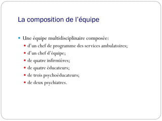 La composition de l’équipe
 Une équipe multidisciplinaire composée:
 d’un chef de programme des services ambulatoires;
 d’un chef d’équipe;
 de quatre infirmières;
 de quatre éducateurs;
 de trois psychoéducateurs;
 de deux psychiatres.
 