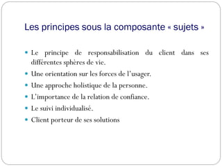 Les principes sous la composante « sujets »
 Le principe de responsabilisation du client dans ses
différentes sphères de vie.
 Une orientation sur les forces de l’usager.
 Une approche holistique de la personne.
 L’importance de la relation de confiance.
 Le suivi individualisé.
 Client porteur de ses solutions
 
