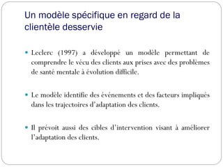 Un modèle spécifique en regard de la
clientèle desservie
 Leclerc (1997) a développé un modèle permettant de
comprendre le vécu des clients aux prises avec des problèmes
de santé mentale à évolution difficile.
 Le modèle identifie des événements et des facteurs impliqués
dans les trajectoires d’adaptation des clients.
 Il prévoit aussi des cibles d’intervention visant à améliorer
l’adaptation des clients.
 