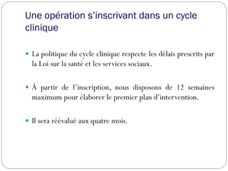 Une opération s’inscrivant dans un cycle
clinique
 La politique du cycle clinique respecte les délais prescrits par
la Loi sur la santé et les services sociaux.
 À partir de l’inscription, nous disposons de 12 semaines
maximum pour élaborer le premier plan d’intervention.
 Il sera réévalué aux quatre mois.
 