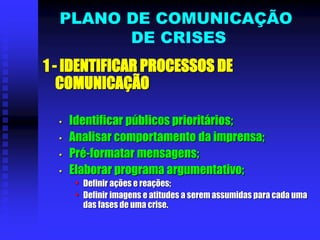 1 - IDENTIFICAR PROCESSOS DE
COMUNICAÇÃO
• Identificar públicos prioritários;
• Analisar comportamento da imprensa;
• Pré-formatar mensagens;
• Elaborar programa argumentativo;
• Definir ações e reações;
• Definir imagens e atitudes a serem assumidas para cada uma
das fases de uma crise.
PLANO DE COMUNICAÇÃO
DE CRISES
 