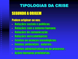 SEGUNDO A ORIGEM
Podem originar-se nas:
• Relações sociais e políticas;
• Relações com o entorno humano;
• Relações de comunicação;
• Relações mercadológicas;
• Eventos ou avanços tecnológicos;
• Eventos ambientais - naturais ;
• Eventos administrativos ou de processo ;
• Ações humanas predatórias.
TIPOLOGIAS DA CRISE
 