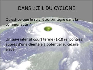 DANS L’ŒIL DU CYCLONE
Qu’est-ce-que le suivi étroit/intégré dans la
communauté ?
Un suivi intensif court terme (1-10 rencontres)
auprès d’une clientèle à potentiel suicidaire
élevé.
 