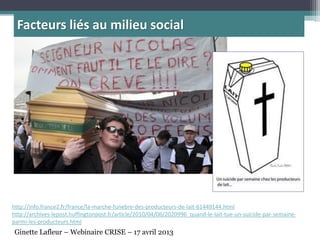 http://info.france2.fr/france/la-marche-funebre-des-producteurs-de-lait-61449144.html
http://archives-lepost.huffingtonpost.fr/article/2010/04/06/2020996_quand-le-lait-tue-un-suicide-par-semaine-
parmi-les-producteurs.html
Facteurs liés au milieu social
Ginette Lafleur – Webinaire CRISE – 17 avril 2013
 