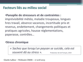 « Sachez que lorsqu'un paysan se suicide, cela est
souvent dû au stress ». Producteur de lait français, 2010
•Panoplie de stresseurs et de contraintes :
imprévisibilité météo, maladie troupeaux, longues
hres travail, absence vacances, incertitude prix et
revenus, endettement, changements politiques et
pratiques agricoles, hausse réglementations,
paperasse, contrôles…
•Stress chronique
Facteurs liés au milieu social
Ginette Lafleur – Webinaire CRISE – 17 avril 2013
 